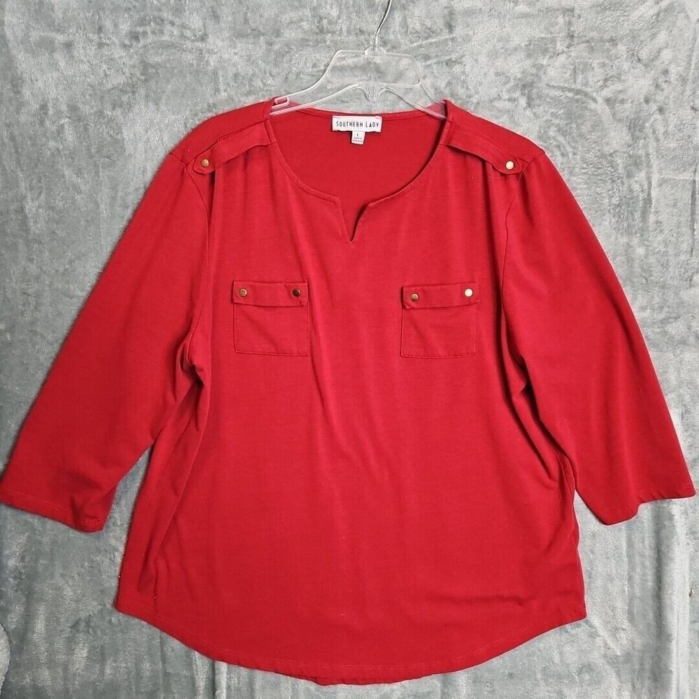 Southern Lady Lg Red Top cotton blend 3/4 sleeve stretch
